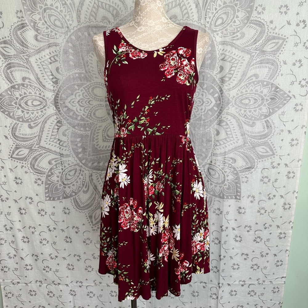 Nwt $40 Longyuan Stretch Fit & Flare Skater Tank Dress Pockets Burgundy Floral L